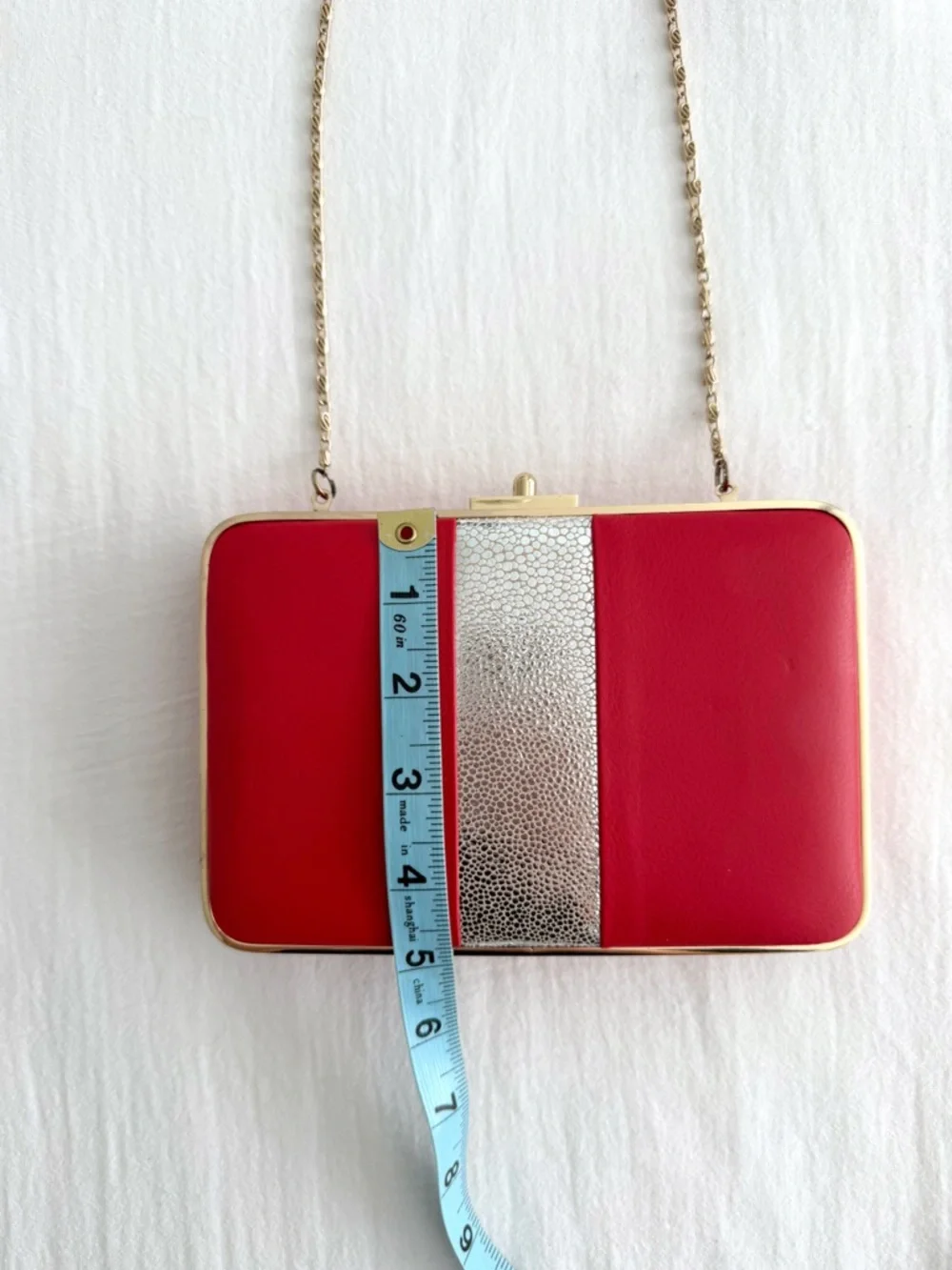J. McLaughlin Small Red & Gold Leather Clutch Shoulder Purse w/ Gold Chain